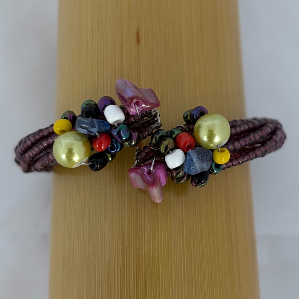 Bohemian Handmade Seed Beads With Mixed Gemstone Chips Bangle Cuff Bracelet